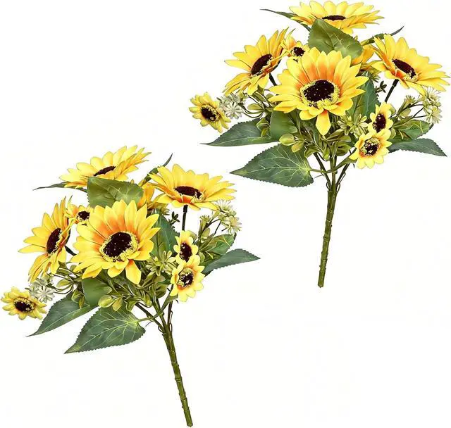 Main image of 2 Pack 12Artificial Sunflower Bouquets Faux Sunflower Stems with 5 Large Sunflower Heads, 6 Small Daisies & Green Leaves, Fake Flowers for DIY Home Office & Farmhouse Décor