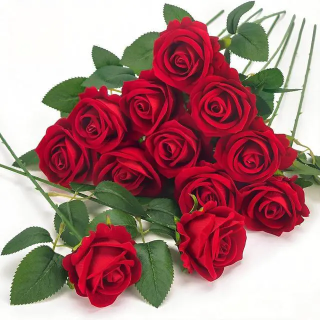 Main image of 12 Pcs Red Roses Artificial Flowers, Real Touch Fake Velvet Flowers with Stems in Bulk for DIY Home Decor, Wedding, Party, Mother's/Valentine's Day Gifts