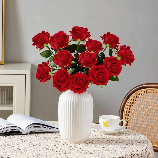 Alt view image 2 of 7 - 12 Pcs Red Roses Artificial Flowers, Real Touch Fake Velvet Flowers with Stems in Bulk for DIY Home Decor, Wedding, Party, Mother's/Valentine's Day Gifts