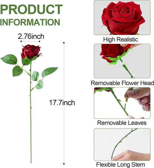 Alt view image 3 of 7 - 12 Pcs Red Roses Artificial Flowers, Real Touch Fake Velvet Flowers with Stems in Bulk for DIY Home Decor, Wedding, Party, Mother's/Valentine's Day Gifts