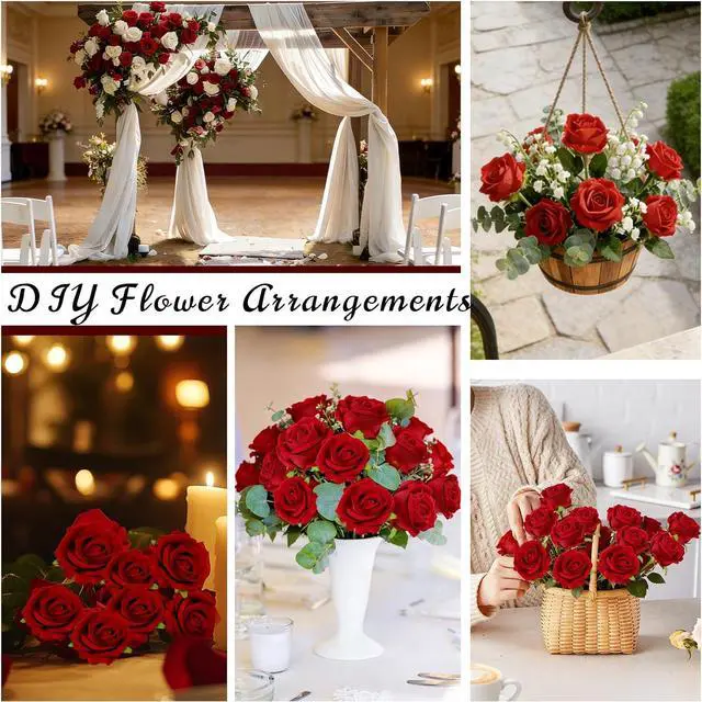 Alt view image 5 of 7 - 12 Pcs Red Roses Artificial Flowers, Real Touch Fake Velvet Flowers with Stems in Bulk for DIY Home Decor, Wedding, Party, Mother's/Valentine's Day Gifts