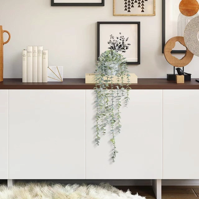 Alt view image 6 of 7 - Decorative Hanging Plants for Shelf, Faux Ivy Eucalyptus Vine, Fake Greenery in White Bigger Pot (Light Green, 1PCS)