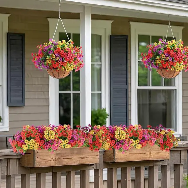 Alt view image 4 of 7 - Rowfad 18 Pcs Artificial Daisy Flowers for Outdoors UV Resistant Fake Plastic Colorful Spring Flowers Faux Silk Plants for Outside Porch Easter Patio Home Decor (18, Red, Purple, Yellow, Rose Red)