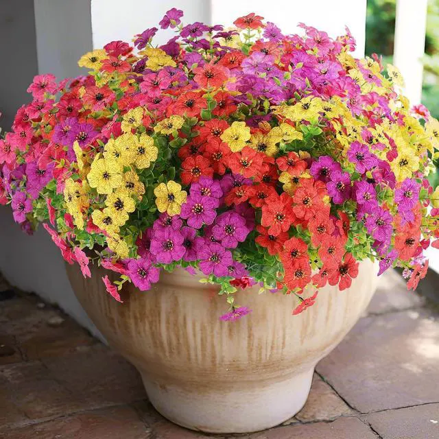 Alt view image 5 of 7 - Rowfad 18 Pcs Artificial Daisy Flowers for Outdoors UV Resistant Fake Plastic Colorful Spring Flowers Faux Silk Plants for Outside Porch Easter Patio Home Decor (18, Red, Purple, Yellow, Rose Red)