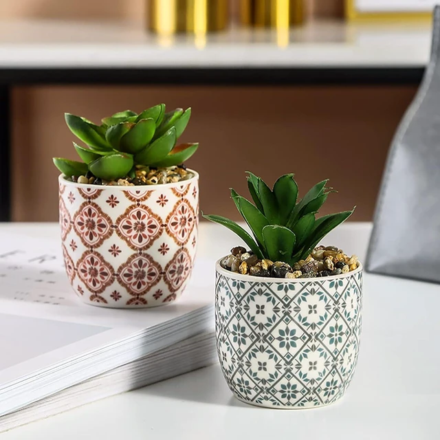 Alt view image 2 of 7 - Artificial Plants Succulent Flowers in Ceramic Planter 2 Pack Small Fake Plants Potted for Home Office Desk Decor Farmhouse Living Room Bedroom Shelves Decoration
