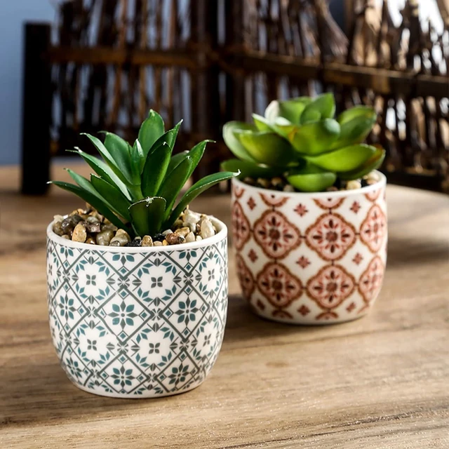 Alt view image 5 of 7 - Artificial Plants Succulent Flowers in Ceramic Planter 2 Pack Small Fake Plants Potted for Home Office Desk Decor Farmhouse Living Room Bedroom Shelves Decoration