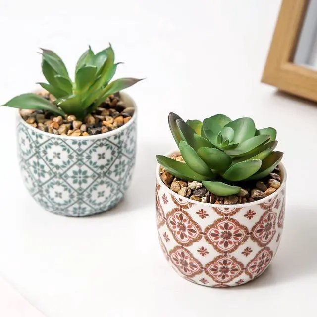 Alt view image 4 of 7 - Artificial Plants Succulent Flowers in Ceramic Planter 2 Pack Small Fake Plants Potted for Home Office Desk Decor Farmhouse Living Room Bedroom Shelves Decoration