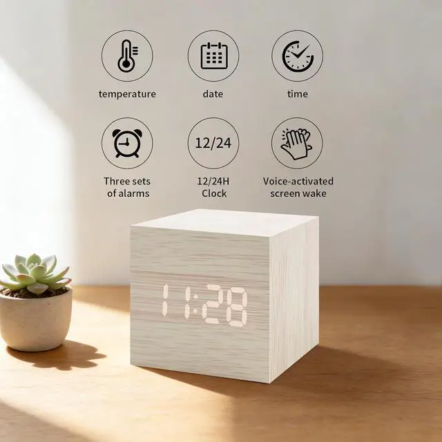 Alt view image 2 of 6 - Wooden Digital Alarm Clocks for Bedrooms - Small LED Clock with, DC Port, Temperature, Snooze, DST, Wood Décor, Adapter Powered