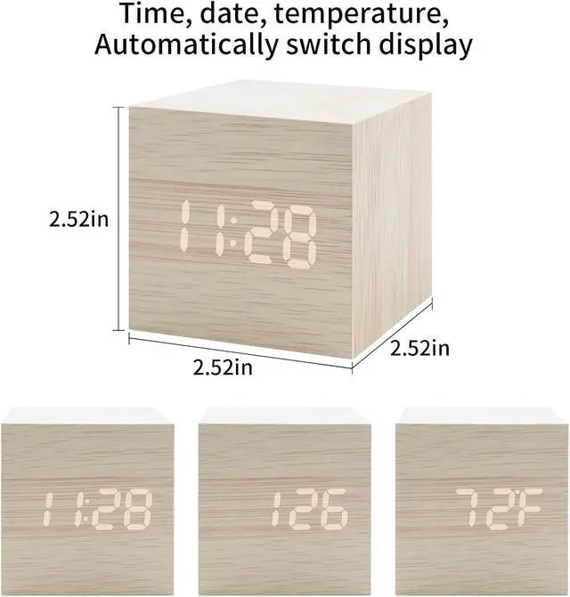 Alt view image 3 of 6 - Wooden Digital Alarm Clocks for Bedrooms - Small LED Clock with, DC Port, Temperature, Snooze, DST, Wood Décor, Adapter Powered