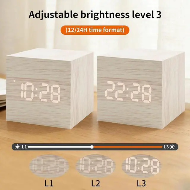 Alt view image 4 of 6 - Wooden Digital Alarm Clocks for Bedrooms - Small LED Clock with, DC Port, Temperature, Snooze, DST, Wood Décor, Adapter Powered