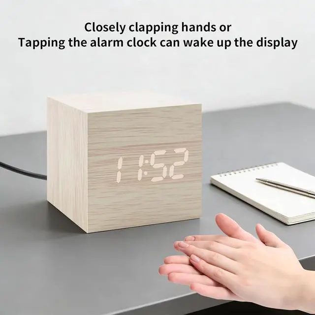 Alt view image 6 of 6 - Wooden Digital Alarm Clocks for Bedrooms - Small LED Clock with, DC Port, Temperature, Snooze, DST, Wood Décor, Adapter Powered