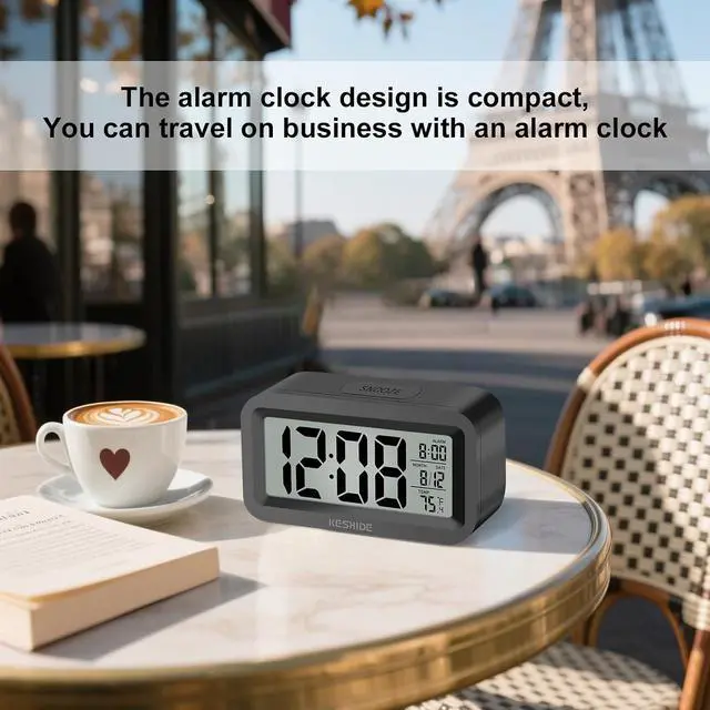 Alt view image 7 of 7 - Travel Digital Alarm Clock, Battery Operated with Indoor Temperature, Desk Small Clock,Snooze Model,12/24H Display for Bedrooms Heavy Sleepers Kids Travel Bathroom (Black)