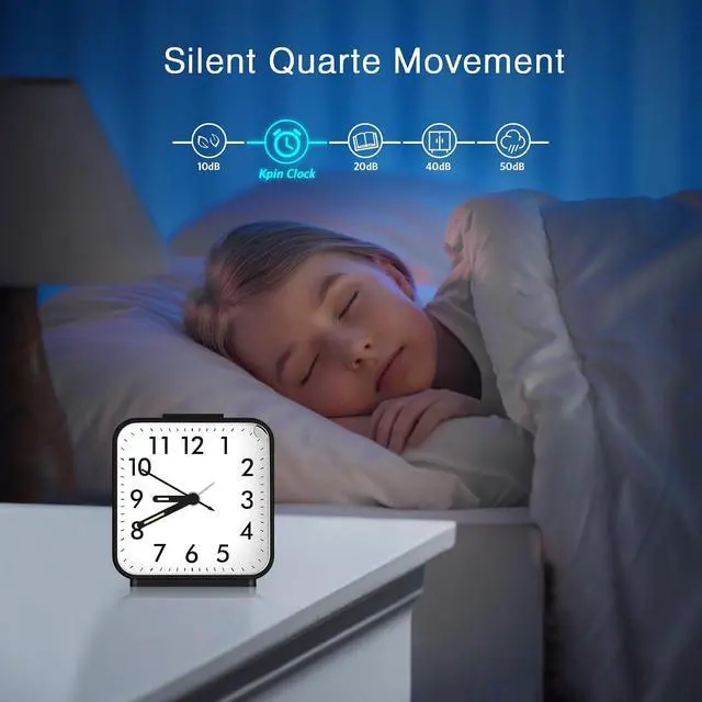 Alt view image 2 of 7 - Analog Alarm Clocks, Non Ticking Table Clock with Luminous Hand & Large Display, Battery Powered Silent Bedside Alarm Clock with Snooze & Night Light Function, for Bedroom, Office