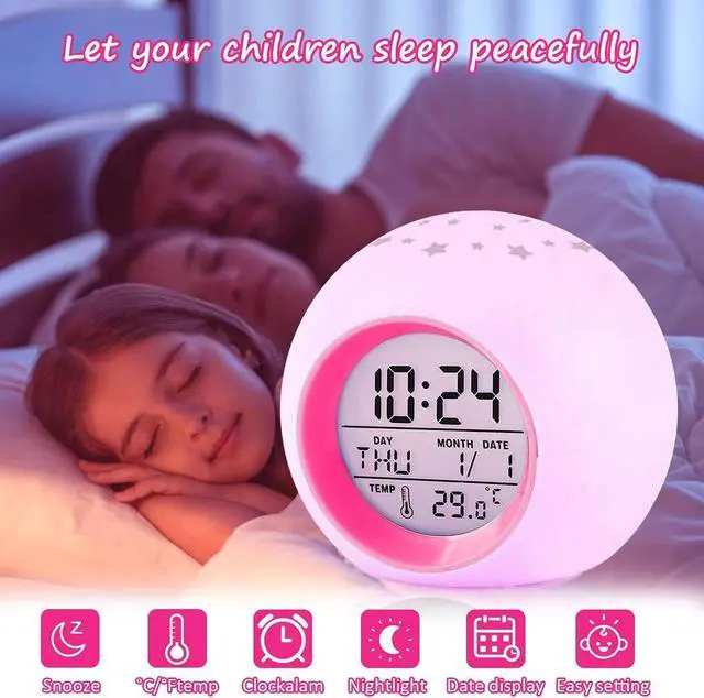 Alt view image 3 of 7 - Tarklanda Kids Alarm Clock,Moon Stars Projector Alarm Clock,7 Color Changing Night Light,Snooze Touch Control Temperature for Kids Bedroom, Digital Clock for Girls Boys Children
