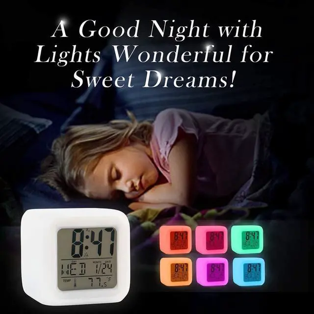 Alt view image 6 of 7 - Alarm Clock with 7 Color Changing Night Light, Digital Kid Alarm Clocks with Snooze, Wake Up Digital Clock for Room Decor, Temperature, Gift for Girls Boys, Back to School Gifts
