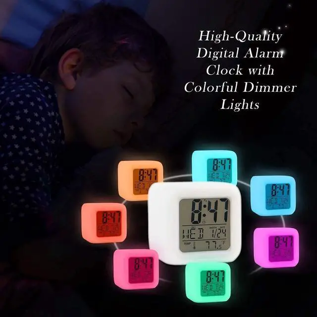 Alt view image 7 of 7 - Alarm Clock with 7 Color Changing Night Light, Digital Kid Alarm Clocks with Snooze, Wake Up Digital Clock for Room Decor, Temperature, Gift for Girls Boys, Back to School Gifts