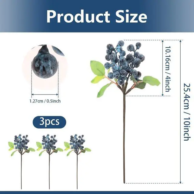 Alt view image 2 of 7 - Artificial Blueberries,3 Pcs Lifelike Fake Blueberries with Stems