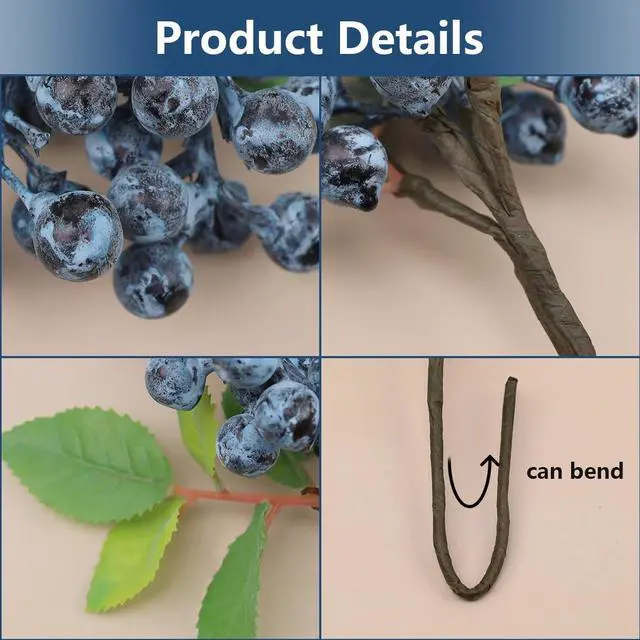 Alt view image 3 of 7 - Artificial Blueberries,3 Pcs Lifelike Fake Blueberries with Stems