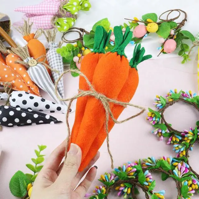Alt view image 5 of 7 - 3pcs Easter Carrots Decorations Artificial Vegetables Rustic Fabric Carrot Toy for Bunny Decor Non-Woven Spring Easter Baskets Vase Filler Tiered Tray DIY Decor Farmhouse Party Supply