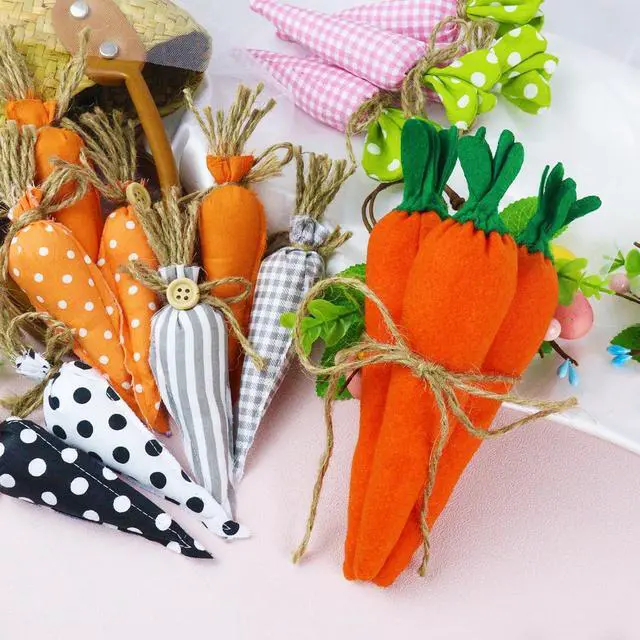 Alt view image 7 of 7 - 3pcs Easter Carrots Decorations Artificial Vegetables Rustic Fabric Carrot Toy for Bunny Decor Non-Woven Spring Easter Baskets Vase Filler Tiered Tray DIY Decor Farmhouse Party Supply