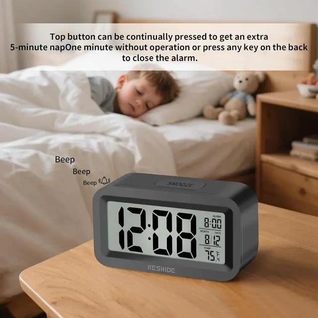 Alt view image 3 of 7 - Travel Digital Alarm Clock, Battery Operated with Indoor Temperature, Desk Small Clock,Snooze Model,12/24H Display for Bedrooms Heavy Sleepers Kids Travel Bathroom (Black)