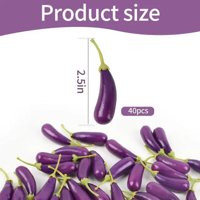 Alt view image 2 of 7 - Mini Artificial Eggplant, 40PCS Mini Artificial Vegetables Fake Mini Vegetable Eggplant for Home Kitchen Photography Party Decoration, 2.5Inch