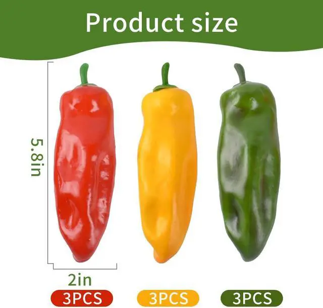 Alt view image 2 of 7 - Artificial Pepper 9PCS Simulation Chili Fake Hot Chili Peppers Faux Vegetable Red Yellow Green Pepper for Home Kitchen DIY Crafts Photo Props Decoration