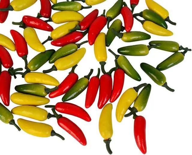 Alt view image 3 of 7 - 60pcs Simulation Artificial Lifelike Small Chili Fake Vegetable Red Yellow Green Pepper for Home Kitchen Decoration (Multi Color)