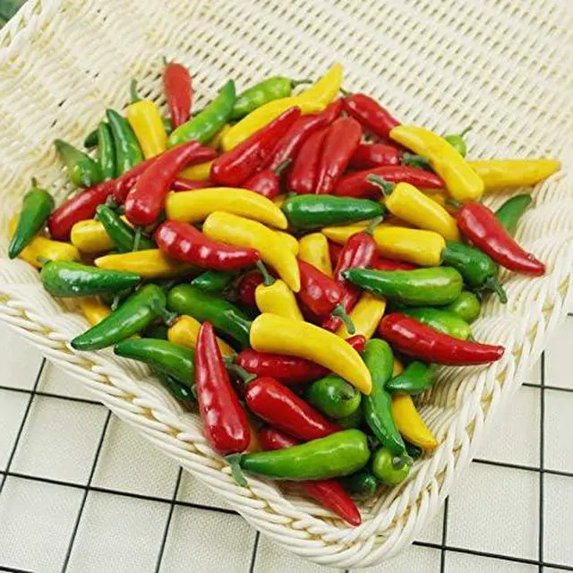 Alt view image 7 of 7 - 60pcs Simulation Artificial Lifelike Small Chili Fake Vegetable Red Yellow Green Pepper for Home Kitchen Decoration (Multi Color)