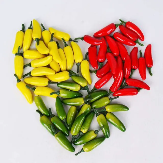 Alt view image 4 of 7 - 60pcs Simulation Artificial Lifelike Small Chili Fake Vegetable Red Yellow Green Pepper for Home Kitchen Decoration (Multi Color)