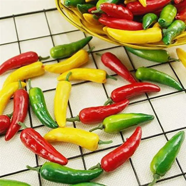 Alt view image 6 of 7 - 60pcs Simulation Artificial Lifelike Small Chili Fake Vegetable Red Yellow Green Pepper for Home Kitchen Decoration (Multi Color)