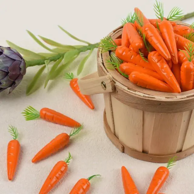 Alt view image 2 of 6 - Artificial Mini Carrots with Green Leaves, Orange, Decorative Fake Vegetables for Easter Spring Crafts and Home Decor 3 Inch, 30 Pack