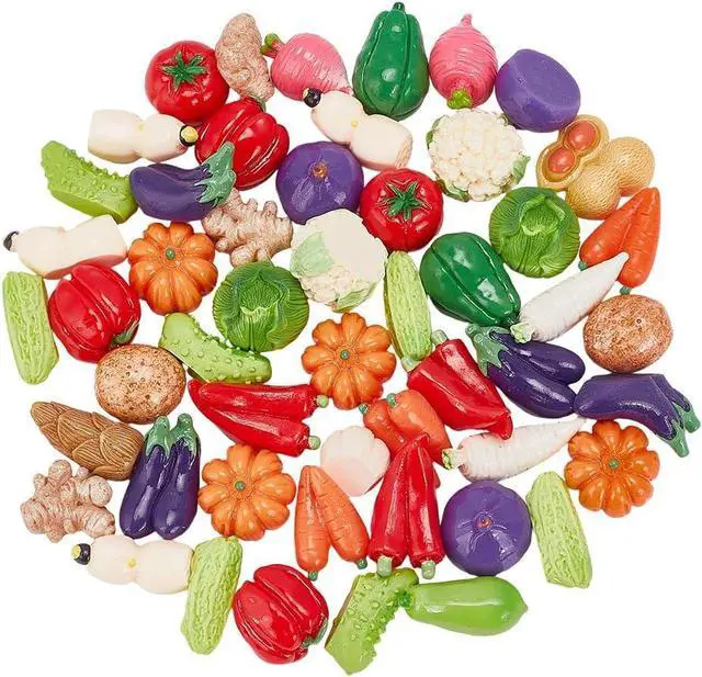 Main image of 50Pcs Resin Artificial Vegetable Miniature Vegetables Figures Faux Tomatoes Carrots Onion Mushroom Potato Eggplant Vegetable Decorations Luminous Decor Tiny Figures for Home Kitchen Decor