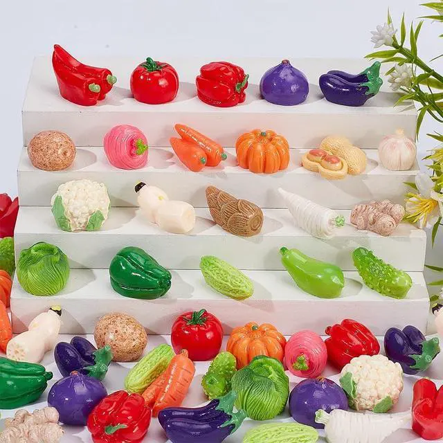 Alt view image 4 of 5 - 50Pcs Resin Artificial Vegetable Miniature Vegetables Figures Faux Tomatoes Carrots Onion Mushroom Potato Eggplant Vegetable Decorations Luminous Decor Tiny Figures for Home Kitchen Decor