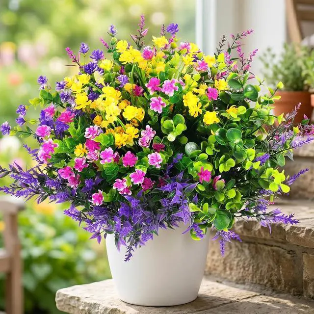 Main image of Hananona 12 Pcs Artificial Flowers Outdoor, Faux Artificial Plants UV Resistant Plastic Flower Bulk for Hanging Planter Porch Window Home Wedding Fall Summer Decor (12, Fuchsia, Purple, Yellow, Green)