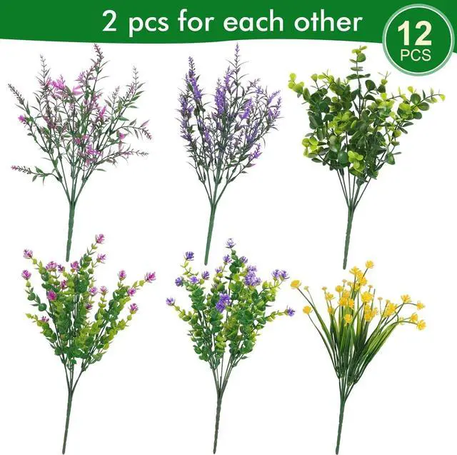 Alt view image 2 of 7 - Hananona 12 Pcs Artificial Flowers Outdoor, Faux Artificial Plants UV Resistant Plastic Flower Bulk for Hanging Planter Porch Window Home Wedding Fall Summer Decor (12, Fuchsia, Purple, Yellow, Green)
