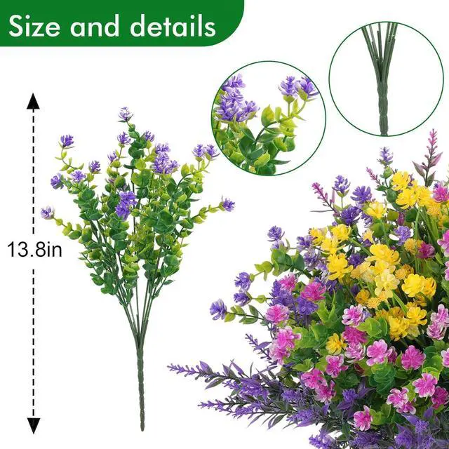 Alt view image 3 of 7 - Hananona 12 Pcs Artificial Flowers Outdoor, Faux Artificial Plants UV Resistant Plastic Flower Bulk for Hanging Planter Porch Window Home Wedding Fall Summer Decor (12, Fuchsia, Purple, Yellow, Green)