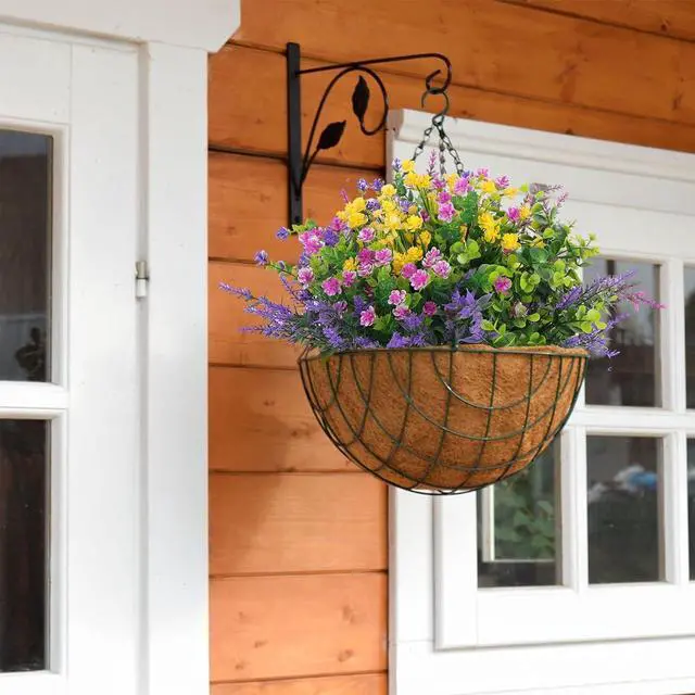 Alt view image 5 of 7 - Hananona 12 Pcs Artificial Flowers Outdoor, Faux Artificial Plants UV Resistant Plastic Flower Bulk for Hanging Planter Porch Window Home Wedding Fall Summer Decor (12, Fuchsia, Purple, Yellow, Green)