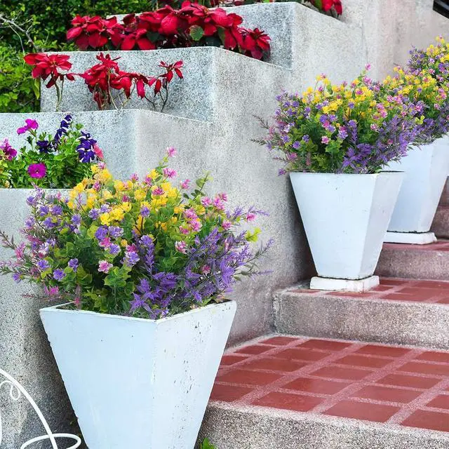 Alt view image 7 of 7 - Hananona 12 Pcs Artificial Flowers Outdoor, Faux Artificial Plants UV Resistant Plastic Flower Bulk for Hanging Planter Porch Window Home Wedding Fall Summer Decor (12, Fuchsia, Purple, Yellow, Green)