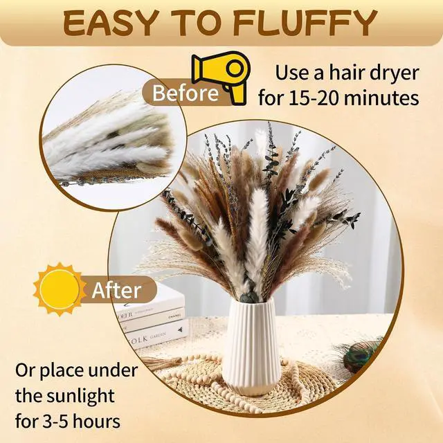 Alt view image 5 of 6 - Bpole Dried Pampas Grass Bouquet -92 Pcs 11-13inch 9 Styles Boho Decor