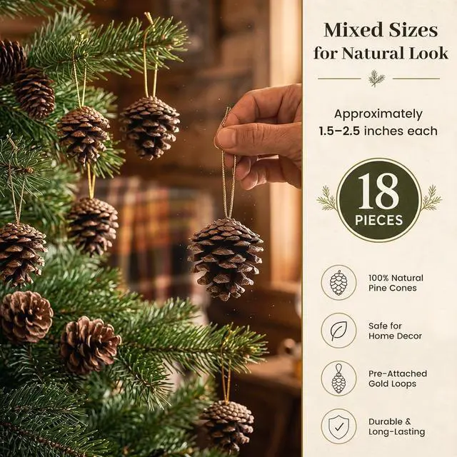 Alt view image 2 of 7 - JOHOUSE 18 PCS Hanging Natural Pine Cones (1.5" - 2.5"), Rustic Pinecones