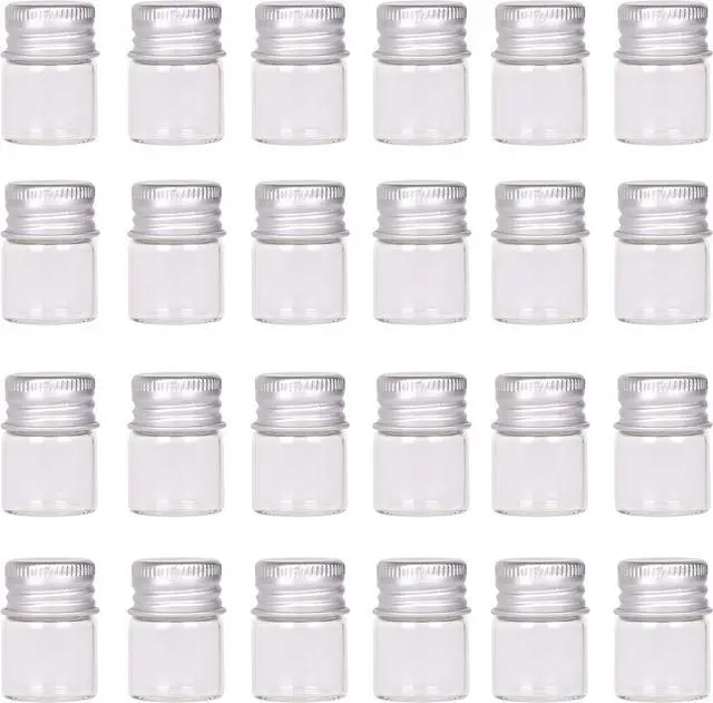 Main image of MaxMau Mini Glass Bottles with Screw Caps 5ml 24 Sets Aluminum Top Metal Lids 5 Milliliter Tiny Vials Small Jars DIY Storage Art Craft Decor