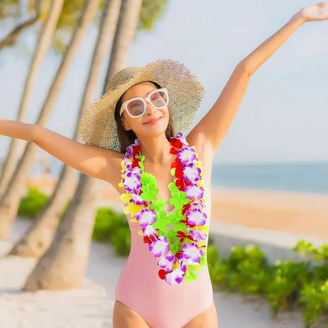 Alt view image 4 of 6 - Luau Party Decorations, 12PCS Leis for Luau Party Necklace Women Clothing Accessories, Hawaiian Colorful Tropical Theme Costume Accessories, Hawaii Flower Lays Garland Summer Pool Birthday Supplies