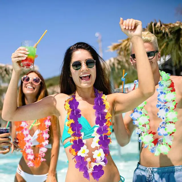 Alt view image 5 of 6 - Luau Party Decorations, 12PCS Leis for Luau Party Necklace Women Clothing Accessories, Hawaiian Colorful Tropical Theme Costume Accessories, Hawaii Flower Lays Garland Summer Pool Birthday Supplies