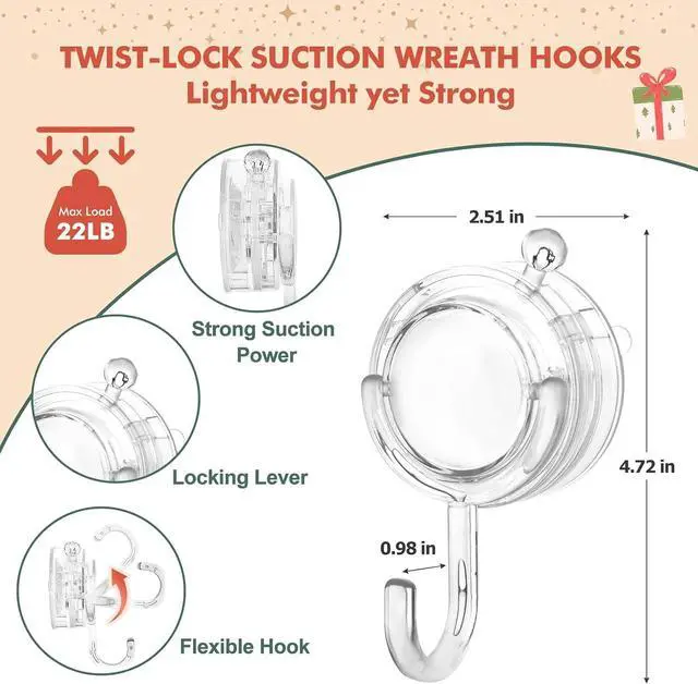 Alt view image 4 of 7 - VIS'V Wreath Hanger, Large Twist Lock Suction Cup Wreath Hooks, Heavy Duty, 22 LB Capacity, Removable and Reusable, Round, Clear, 2 Pcs