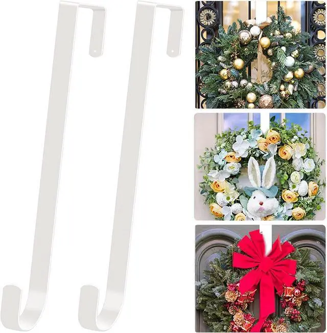 Main image of ESFUN Black Wreath Hanger for Front Door, Metal Wreath Hooks Holder Over The Door Wreath Hanger for Hanging Christmas Decorations Xmas Decor (2 Pack-White, 12 Inch)