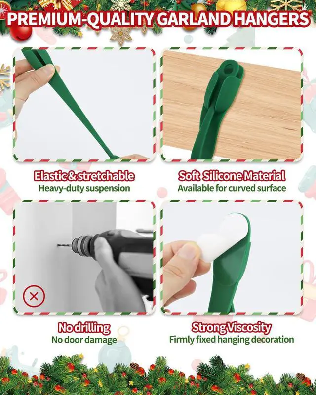 Alt view image 3 of 7 - 6 PCS Christmas Garland Hanger for Mantle Garland Hooks, Christmas Fireplace Stocking and Garland Hanger, Reusable Adhesive Wreath Hooks for Wreaths, Fireplace Mantle, Stairways Banister (Green)