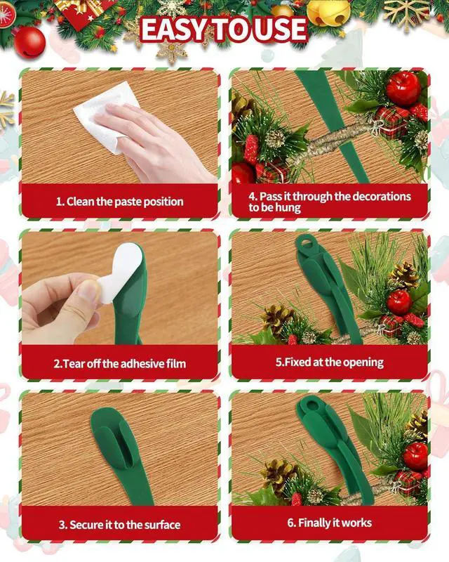 Alt view image 4 of 7 - 6 PCS Christmas Garland Hanger for Mantle Garland Hooks, Christmas Fireplace Stocking and Garland Hanger, Reusable Adhesive Wreath Hooks for Wreaths, Fireplace Mantle, Stairways Banister (Green)
