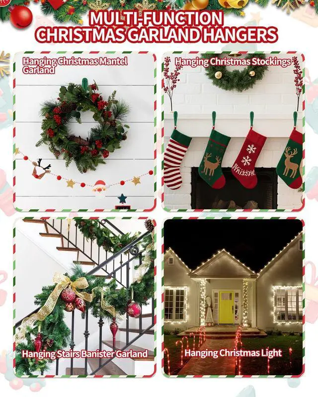 Alt view image 6 of 7 - 6 PCS Christmas Garland Hanger for Mantle Garland Hooks, Christmas Fireplace Stocking and Garland Hanger, Reusable Adhesive Wreath Hooks for Wreaths, Fireplace Mantle, Stairways Banister (Green)