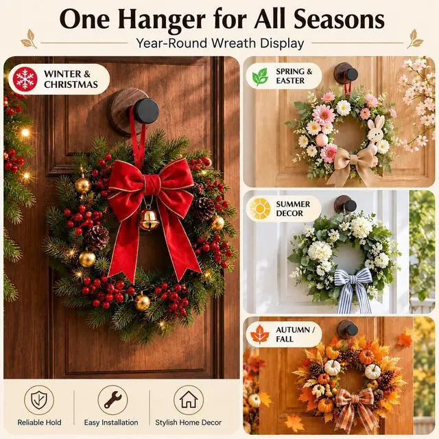 Alt view image 2 of 7 - 3 Pack Wreath Hangers for Front Door, Walnut Color Plastic Adhesive Hooks for Christmas, Fall, Spring Wreaths, Holiday Decor, Towels and Bags, Peel and Stick Hooks for Glass Tile Metal